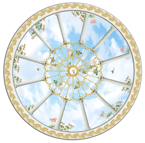 Круглая арка с колоннами и небом с розами — стоковое фото