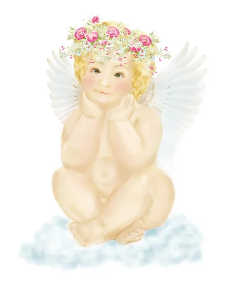 Angel in een krans van bloemen — Stockfoto