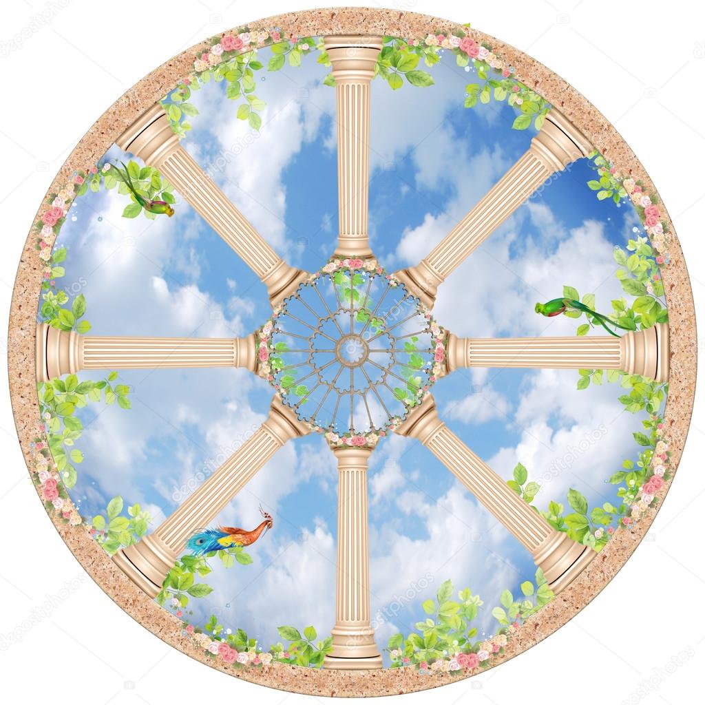 Round arch with columns and sky with birds and foliage