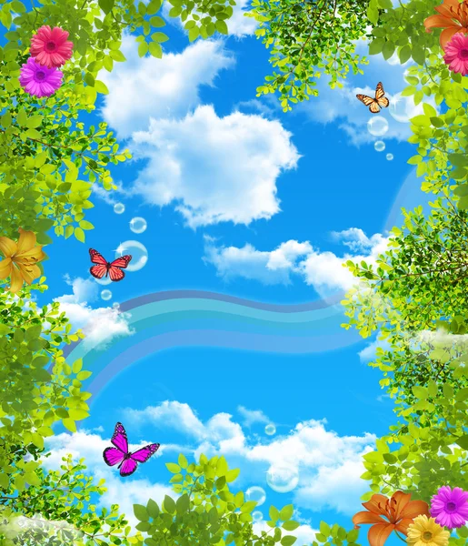 Flores y cielo y mariposas Imagen De Stock