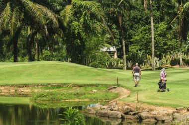 Kıdemli golfçü taşıyıcı ile yeşil yürüyüş