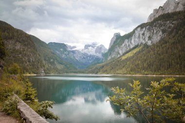 Avusturya manzarası, yüksek dağlık ve vadideki göller. Yeşil renklerle yaz doğası.