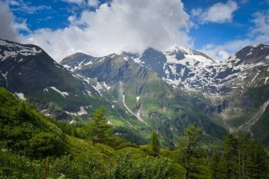 Avusturya manzarası, yüksek dağlık ve vadideki göller. Yeşil renklerle yaz doğası.
