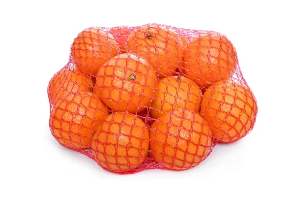 Tangerinas Maduras Saco Rede Fundo Branco — Fotografia de Stock