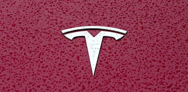 Озил Германия Октября 2021 Года Закрытие Логотипа Автомобиля Tesla Красной — стоковое фото