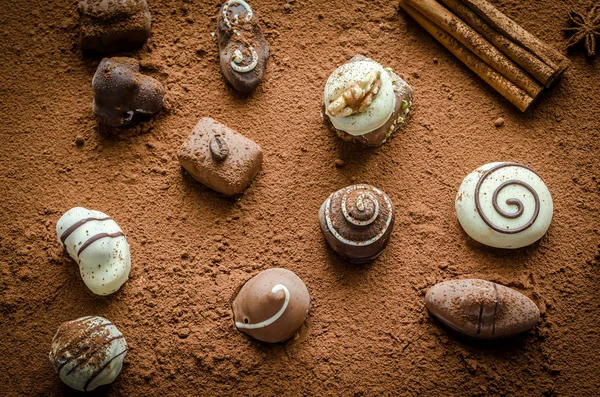 Bonbons au chocolat de luxe avec fond de cacao — Photo