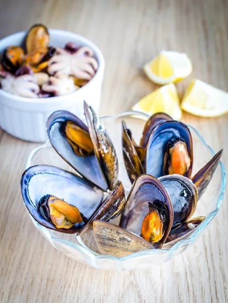Bowl of mussels on the wooden table — Stock Photo, Image