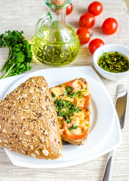 Sandwich with melted cheese and tomatoes — Stock Photo, Image