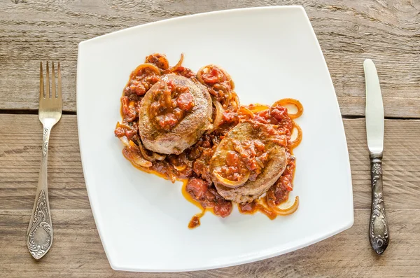 Angus Beef Steaks With Roasted Tomato Sauce — Stock Photo, Image