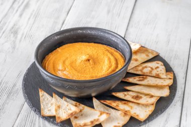 Bowl of classic Muhammara with pita bread