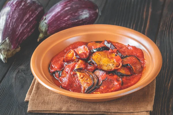 Fried Slices Eggplant Tomato Sauce — Fotografia de Stock