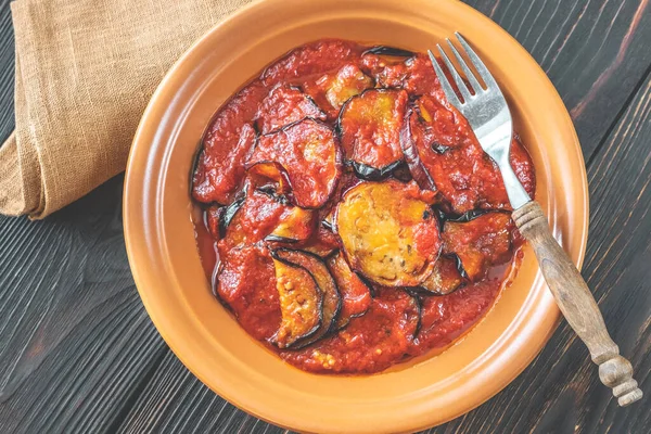 Fried Slices Eggplant Tomato Sauce Top View — Foto Stock