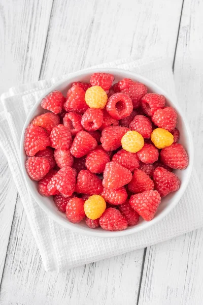 Bowl Fresh Raspberries Wooden Background — Stockfoto