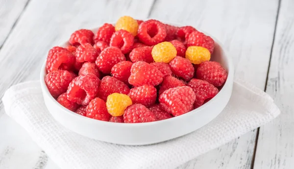 Bowl Fresh Raspberries Wooden Background — Stock Fotó