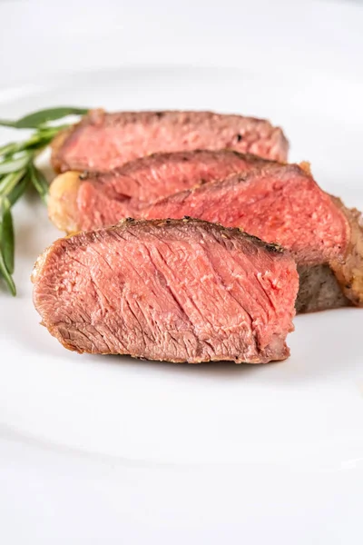 Sliced Beef Steak White Plate — Stock Photo, Image