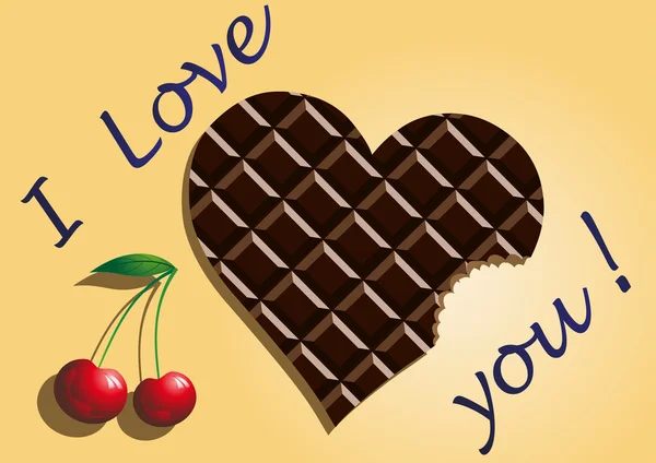 Coração de chocolate com cerejas e as palavras que eu te amo —  Vetores de Stock