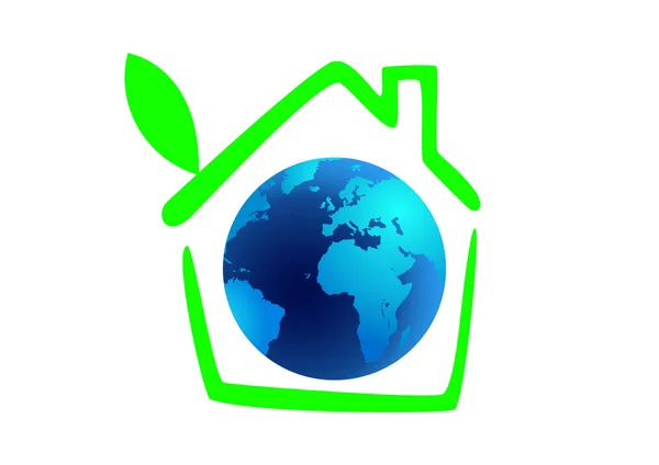 Planeet aarde in het groene huis met blad — Stockvector