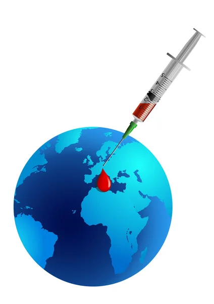 Medical syringe with a vaccine against the planet earth — Stock Vector