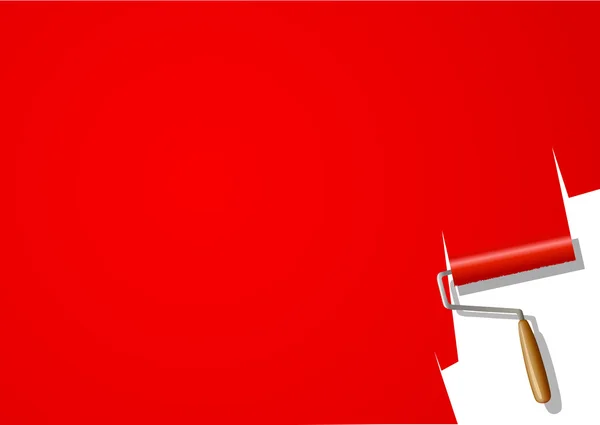 Paint roller with red paint on a white wall — Stock Vector