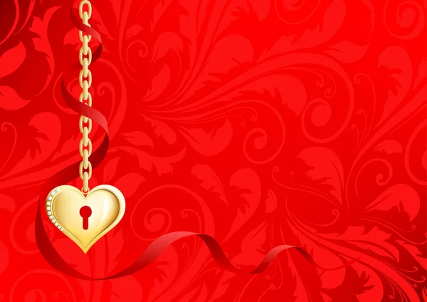 Corazón de oro en una cadena sobre un fondo rojo con patrones — Vector de stock