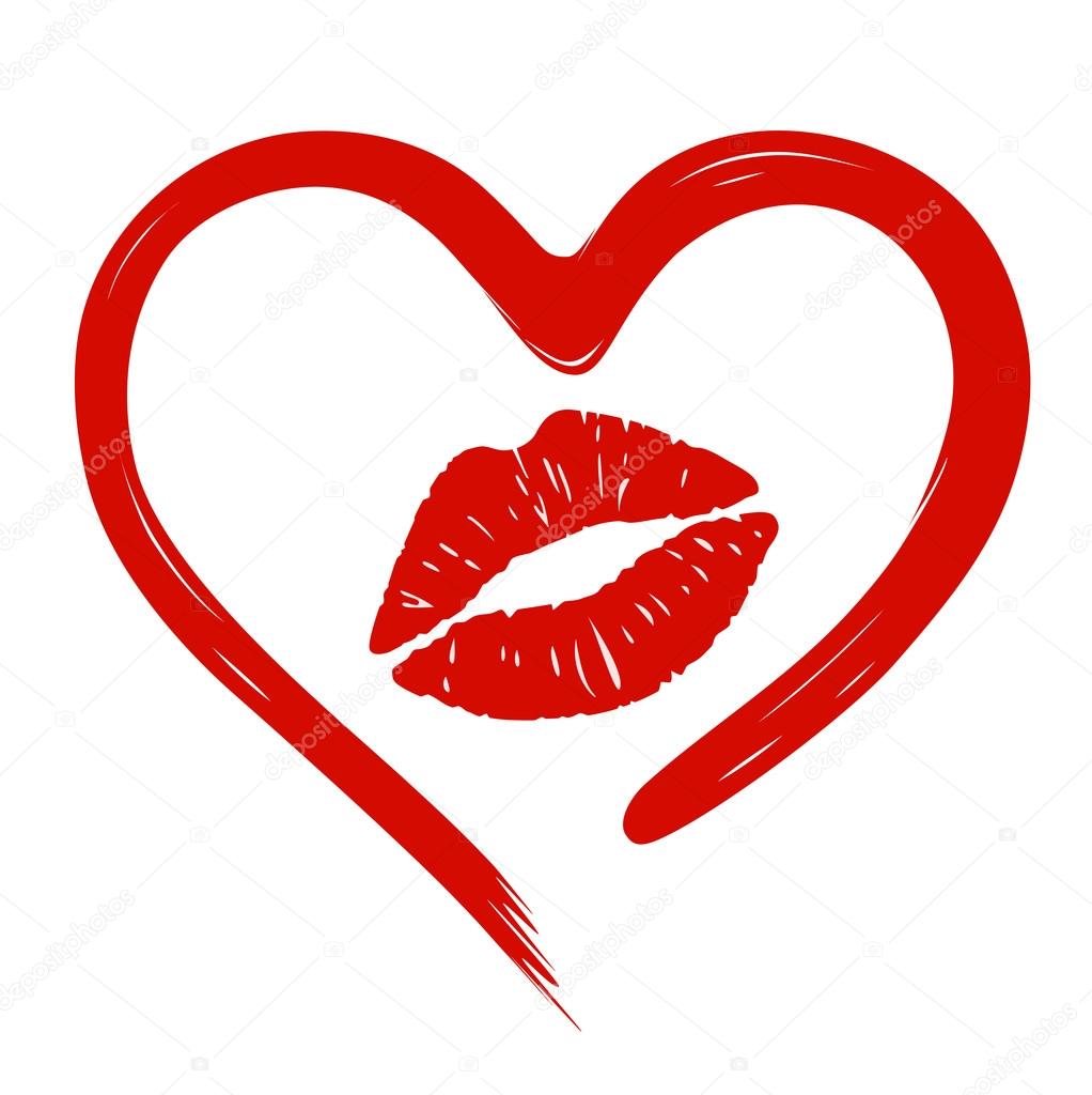 Heart drawn in lipstick and lip imprint