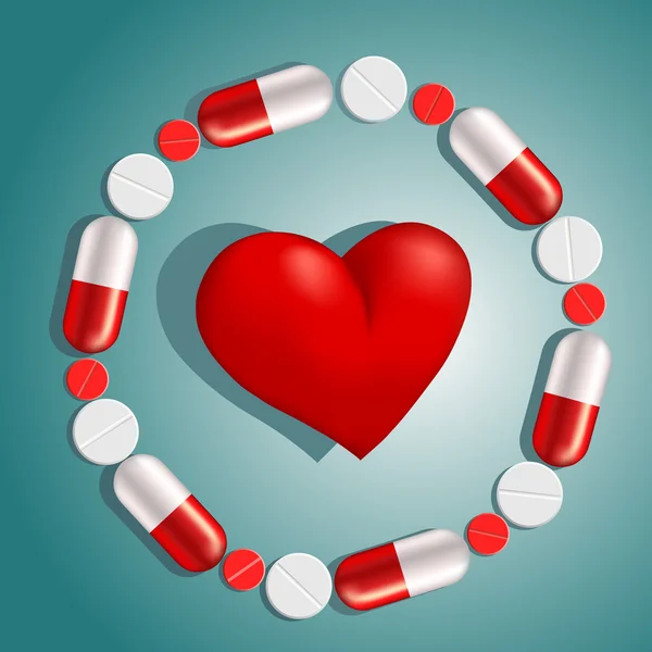 Hjärta omgivet av piller — Stock vektor