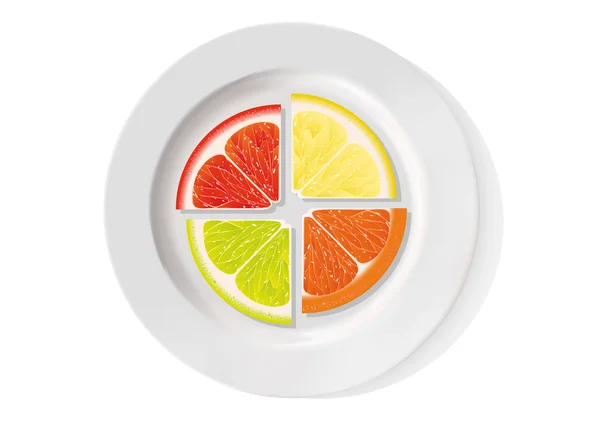 Orange, lemon, lime and grapefruit are on the plate — Stock Vector