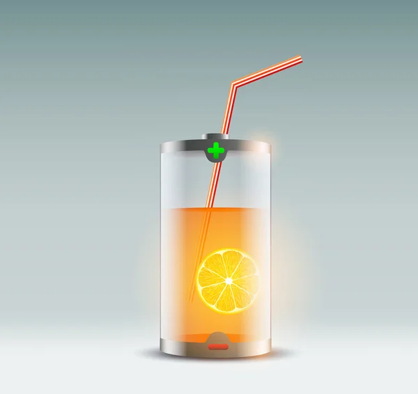 Pomerančová šťáva ve sklenici v podobě baterie — Stock fotografie