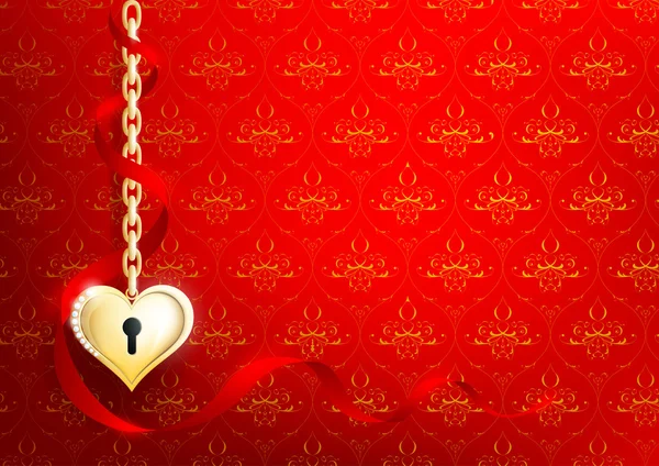 A heart of gold on a red background with a pattern — Stock Photo, Image