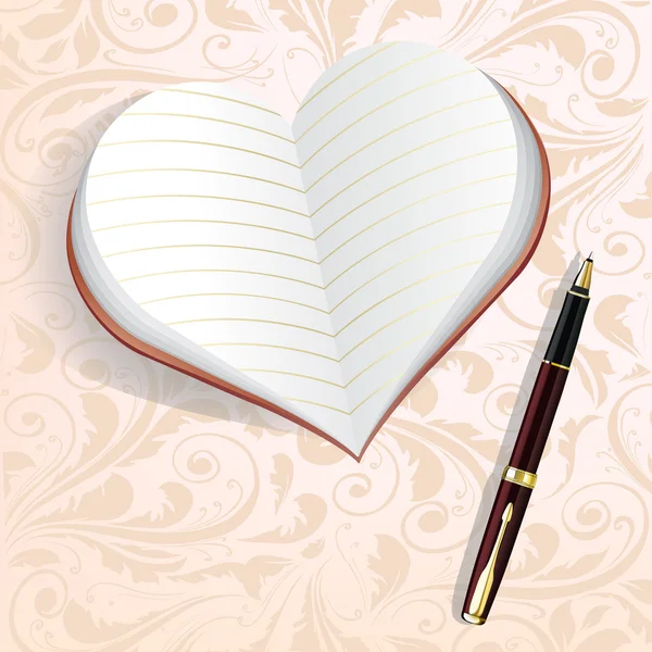 Notebook na forma de coração sobre o padrão de fundo — Fotografia de Stock
