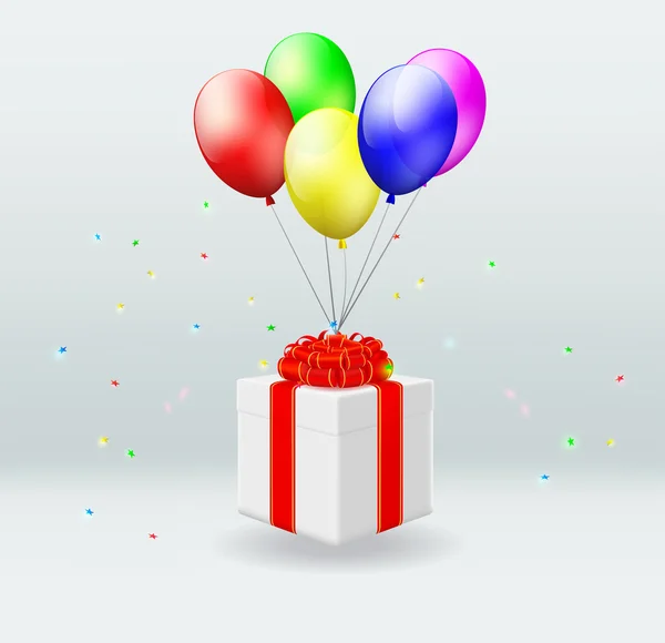 Gift box with flies on balloons — Stock Photo, Image