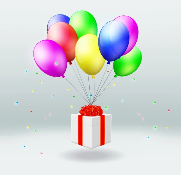 Gift box with flies on balloons — Stock Photo, Image