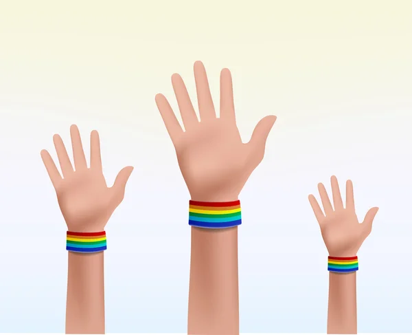 Tre händer tillsammans firar gay pride — Stockfoto