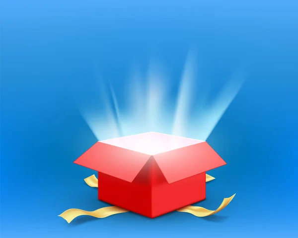 Caja Regalo Roja Abierta Con Rayos Luz Desde Interior Plantilla — Vector de stock