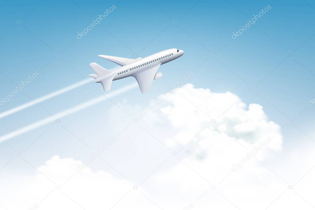 Passenger plane flies in the sky with clouds. Vector illustration