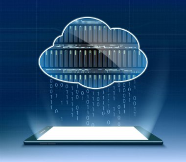 Bulut veri kavramı. Bulut depolama bilgisi içeren akıllı telefon veya tablet aygıtı. Vektör illüstrasyonu.