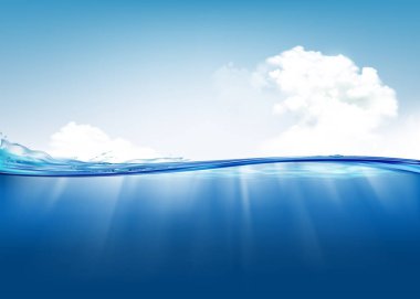 Deniz suyu yüzeyi. Gökyüzü ve bulutlu doğal manzara. Vektör arkaplanı