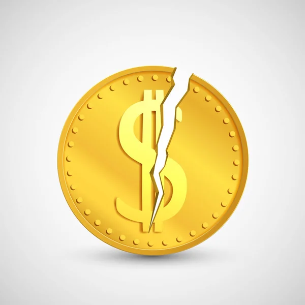 Gebroken Gouden Dollar Munt Met Een Scheur Ikoon Geïsoleerd Witte — Stockvector