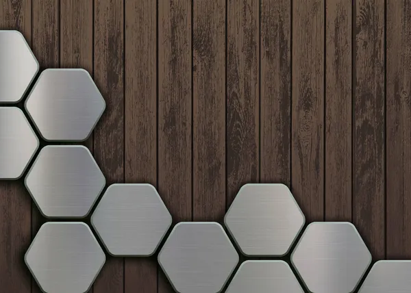 Mønster Sekskantede Metalplader Træplankerne Baggrund Skabelon Med Kopieringsplads Vektorillustration – Stock-vektor