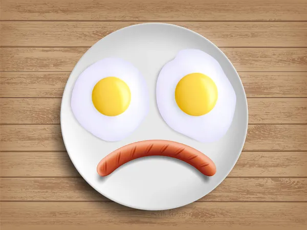 木製のテーブルの上に揚げ卵とソーセージとホワイトプレート 不健康な食べ物や食事 ベクターイラスト — ストックベクタ