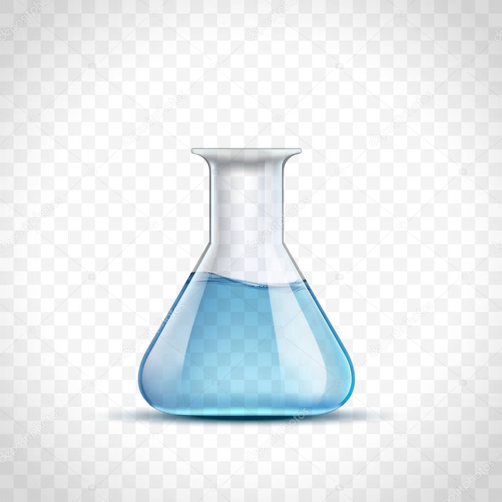 Laboratory flask with blue liquid or water. Beaker for the chemical experiment. Template test tube isolated on a transparent background. Vector illustration