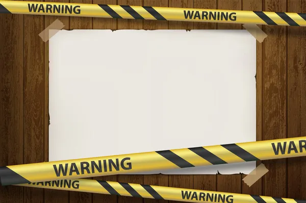 木製の壁に紙のブランクシート コピースペース用のテンプレートバナー 黄色い警告テープ ベクトル背景 — ストックベクタ