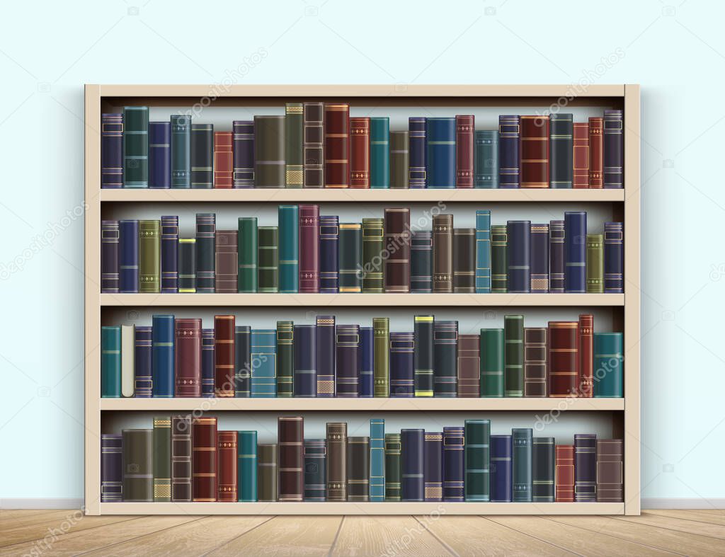 Vintage books on a wooden bookshelf indoors. Vector illustration.