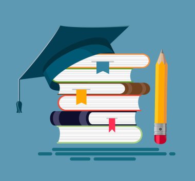 Mezuniyet şapkalı bir yığın kitap. Düz grafik biçiminde vektör illüstrasyonu.