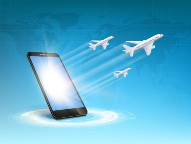Uçaklar akıllı telefon ekranından havalanır. Vektör illüstrasyonu.