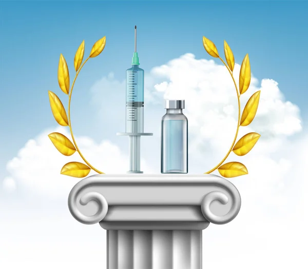 Syringe Vial Vaccine Podium Golden Laurel Wreath Vector Illustration — Wektor stockowy
