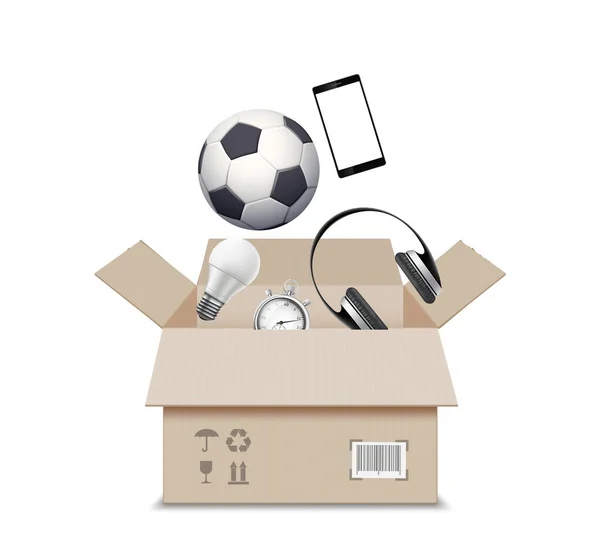 Opened Cardboard Box Things Isolated White Background Vector Illustration — Stock vektor