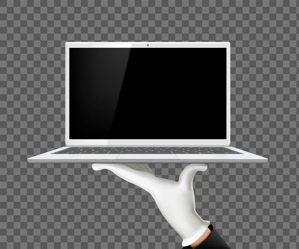 Mann Hält Laptop Mit Leerem Bildschirm Der Hand Vorlage Isoliert — Stockvektor