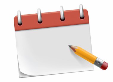 Boş sayfası ve kalemi olan bir defter. Not şablonu beyaz arkaplanda izole edildi. Vektör illüstrasyonu