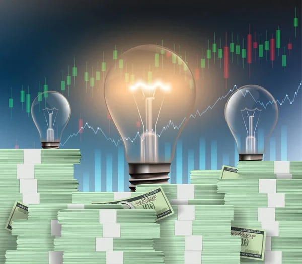 ドル紙幣の山を背景に電球を育てる ビジネススタートアップと金融投資 ベクターイラスト — ストックベクタ